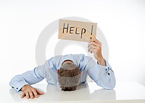 Businessman holding help sign message