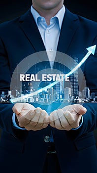 Businessman holding holographic city skyline graph with REAL ESTATE word and upward arrow
