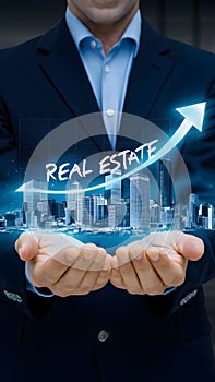 Businessman holding holographic city skyline graph with REAL ESTATE word and upward arrow