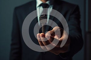 Businessman holding key model, symbolizing the key to success