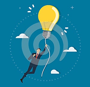 Businessman holding a light bulb flying in the sky, creative concepts