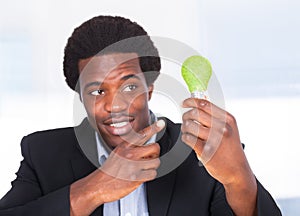 Businessman Holding Light Bulb With Green Grass