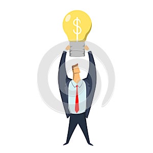 Businessman holding a lighted lamp with dollar sign over his head. Symbol of ideas, insights. Business concept, vector