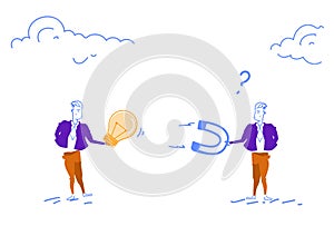 Businessman holding magnet attract light bulb new idea from confused colleague horizontal sketch doodle