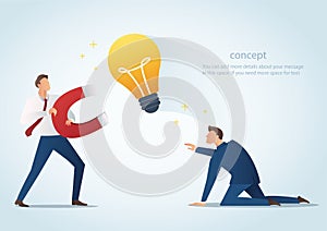 Businessman holding magnet attract light bulbs steal work from colleague, plagiarism vector illustration