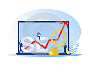 Businessman holding magnifying glass, mouse pointer or using laptop sit on analytics graph on the word SEO vector illustrator