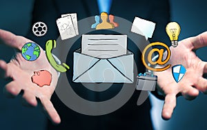 Businessman holding manuscript contact icon in his hand