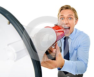 Businessman holding megaphone isolated on white background