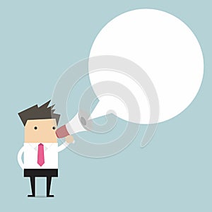Businessman holding megaphone with speech bubble for text