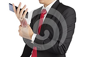 Businessman holding mobile feels wrist muscle pain from myositis , office syndrome