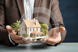 Businessman holding model house Close up. Loan, investment or Home insurance concept