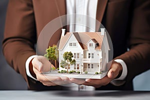 Businessman holding model house Close up. Loan, investment or Home insurance concept