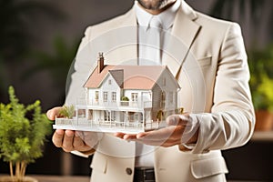 Businessman holding model house Close up. Loan, investment or Home insurance concept