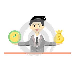 Businessman holding money bag and clock with his 2 hands. Time and money management concept. trying balance between time and money