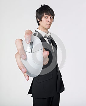 Businessman holding mouse computer