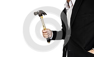 Businessman holding old hammer, isolated on white background