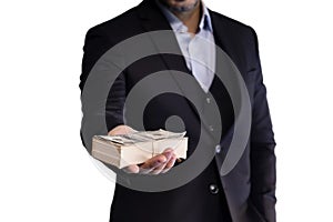 Businessman Holding and Passing US Dollars Money to Client