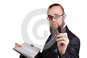 Businessman holding a pen requesting a signature on a document