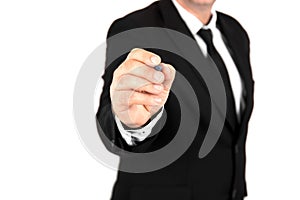 Businessman holding a pen and writing on abstract screen on white background