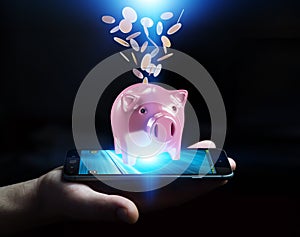 Businessman holding piggy bank with flying coins going inside 3D