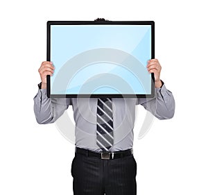 Businessman holding plasma