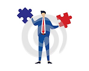 Businessman Holding Puzzles Illustration as Symbolization of Solving Problem or Found Solution