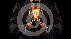 Businessman Holding Radiant Light Bulb Symbolizing Innovation and Creativity. Generative Ai