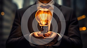 Businessman Holding Radiant Light Bulb Symbolizing Innovation and Creativity. Generative Ai