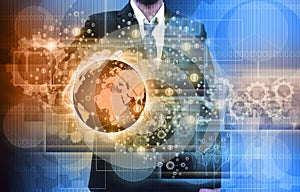 businessman holding Reaching images streaming in hands .Financial and technologies concepts