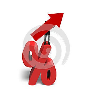 Businessman holding red arrow symbol standing on percentage sign