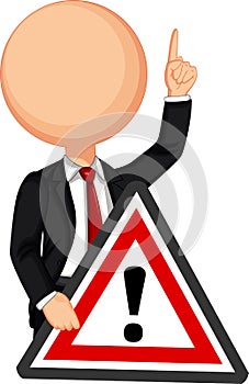 Businessman holding a red traffic triangle warning sign