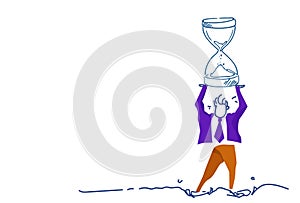 Businessman holding sand clock time management concept man silhouette working process horizontal sketch doodle