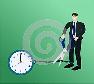 Businessman holding scissors to cutting clock chain