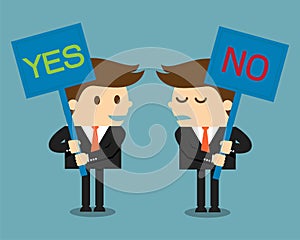 Businessman holding a signboard with the word yes or no