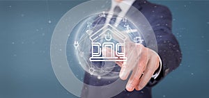 Businessman holding Smart home interface with icon, stats and data 3d rendering