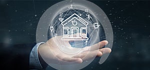 Businessman holding Smart home interface with icon, stats and data 3d rendering