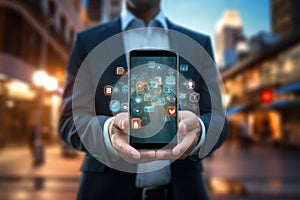 Businessman holding smart phone with application icons on the screen. 3D rendering, Businessman on blurred background holding 3D