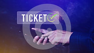Businessman holding smartphone with button Ticket word, Business, Technology, internet and networking concept businessman pressing
