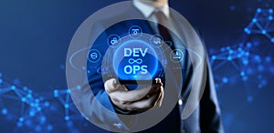 Businessman holding smartphone with Dev Ops Development Operations icons on screen