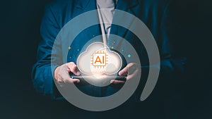 Businessman holding smartphone with glowing AI cloud computing icon, Concept for artificial intelligence, big data processing,