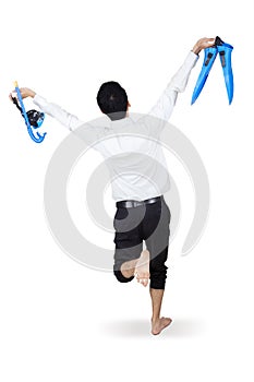 Businessman holding snorkeling gear isolated