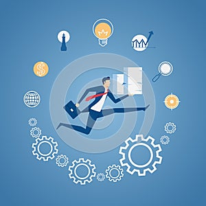 Businessman holding stack of paper running on business time with icons. Time pressure, stress, overworked and deadline concept.