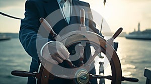 Businessman holding a steering wheel of a ship. Generative Ai