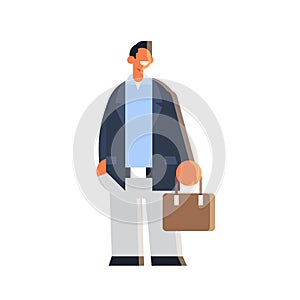 Businessman holding suitcase happy business man standing pose success concept male office worker in formal wear flat