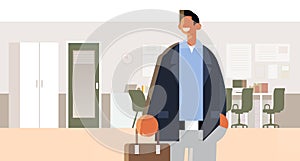 Businessman holding suitcase happy man in formal wear standing pose success concept modern office interior flat portrait