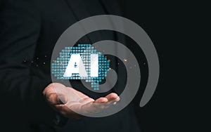 Businessman holding a systematic AI brain