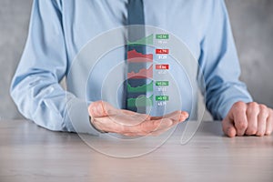 Businessman holding tablet and analysis stock market, currency exchange and banking, showing a growing virtual hologram of