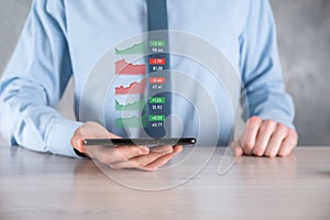 Businessman holding tablet and analysis stock market, currency exchange and banking, showing a growing virtual hologram of
