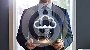 Businessman Holding Tablet with Cloud and Binary Data