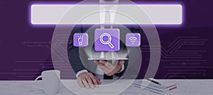 Businessman Holding A Tablet Displaying A Search Bar With Digital S In A Row Exploring New Information. Man With A Touch